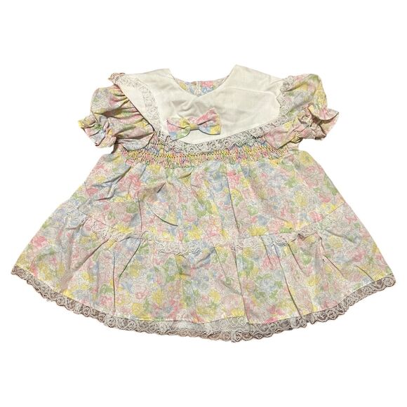Vintage Mayfair 12 Mos Toddler Dress Floral Lace Bows Frilly Bib Collar - Picture 1 of 7